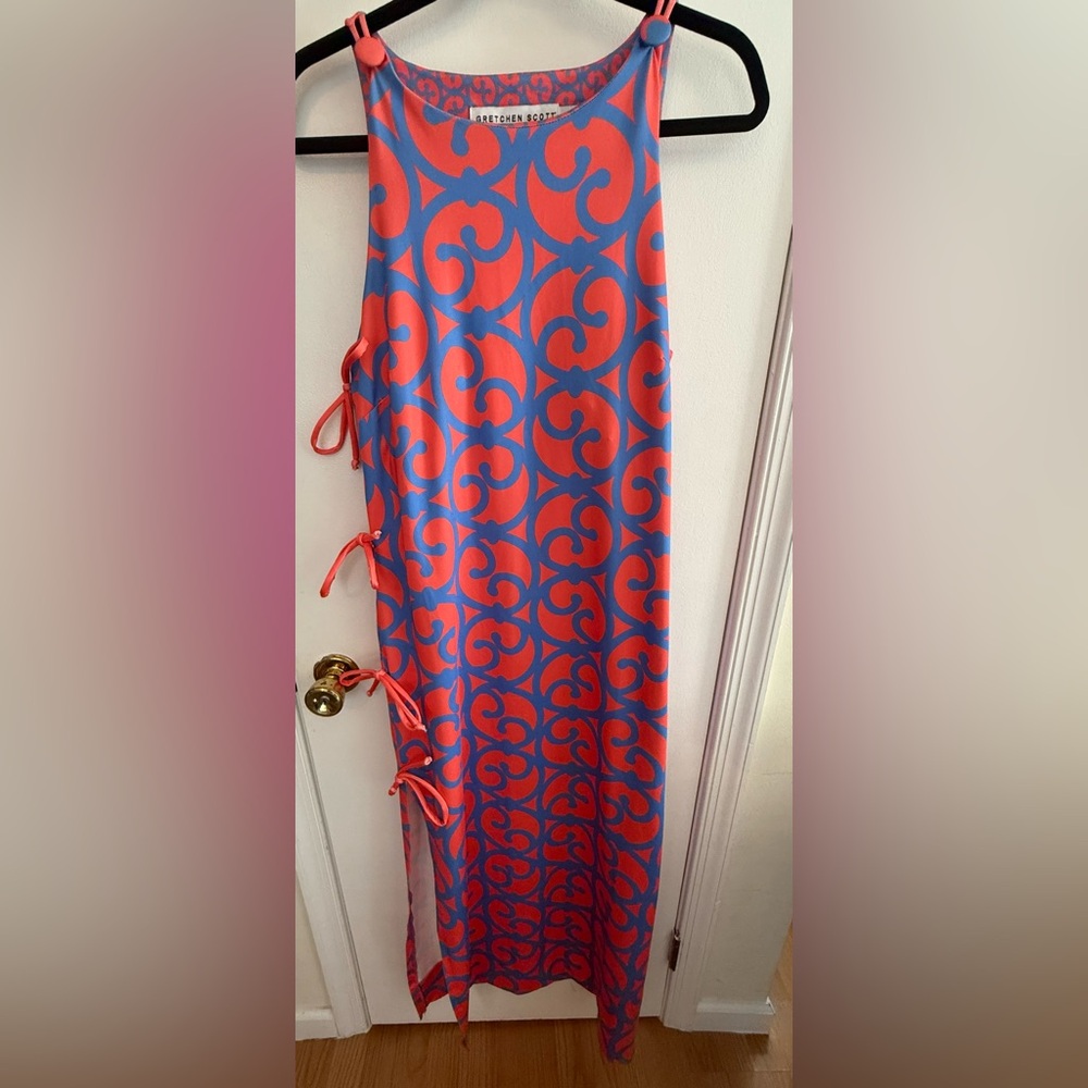 Gretchen Scott Designs Coral and Periwinkle Blue Maxi Dress with Side Ties